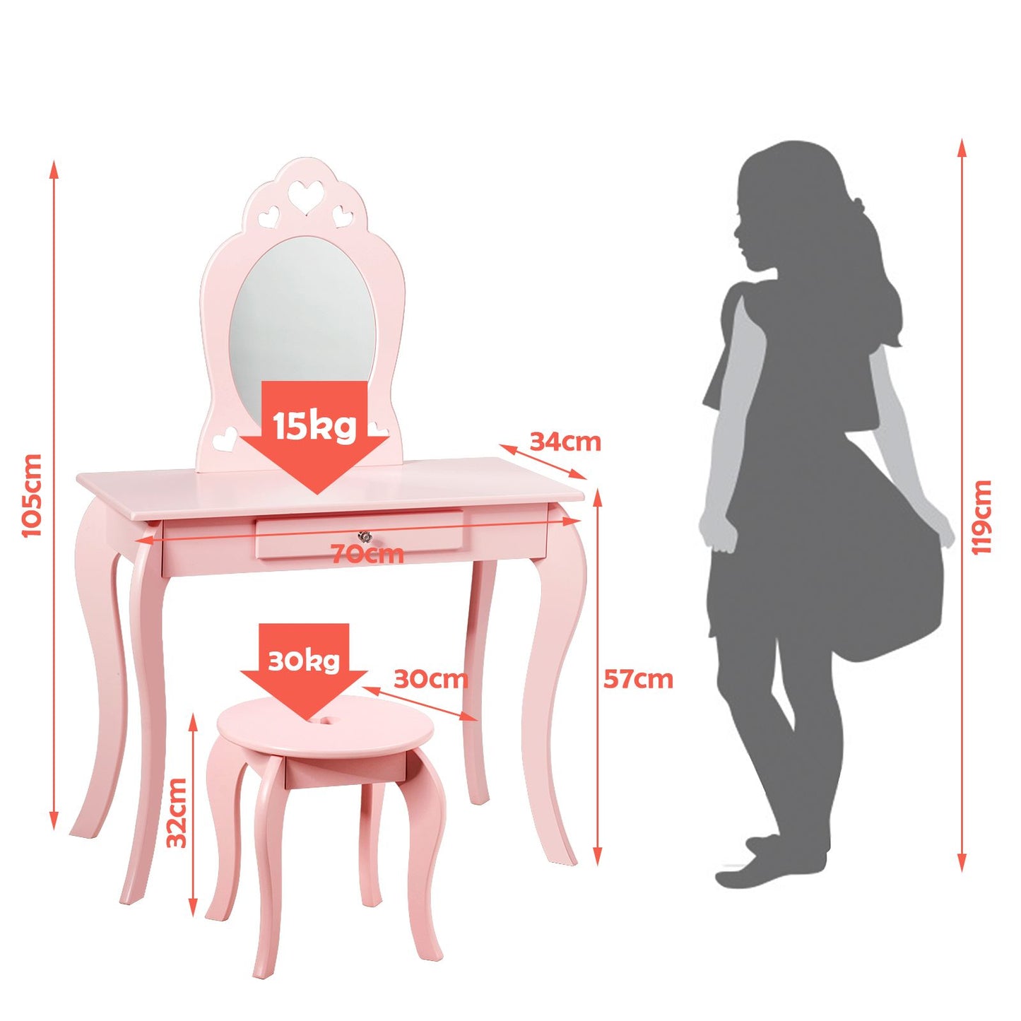 Kids Vanity Table and Stool with Removable Mirror and Drawer