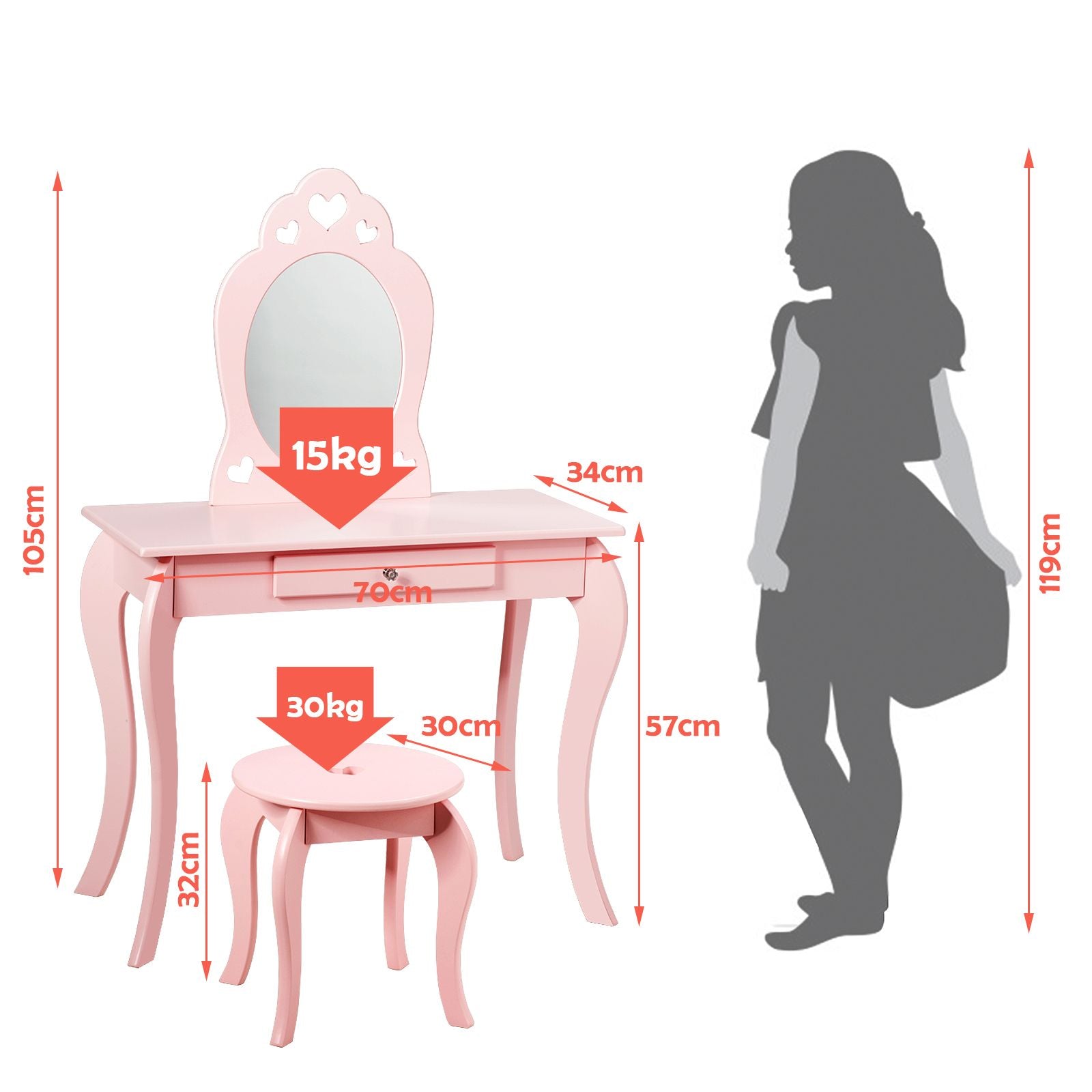 Kids Vanity Table and Stool with Removable Mirror and Drawer