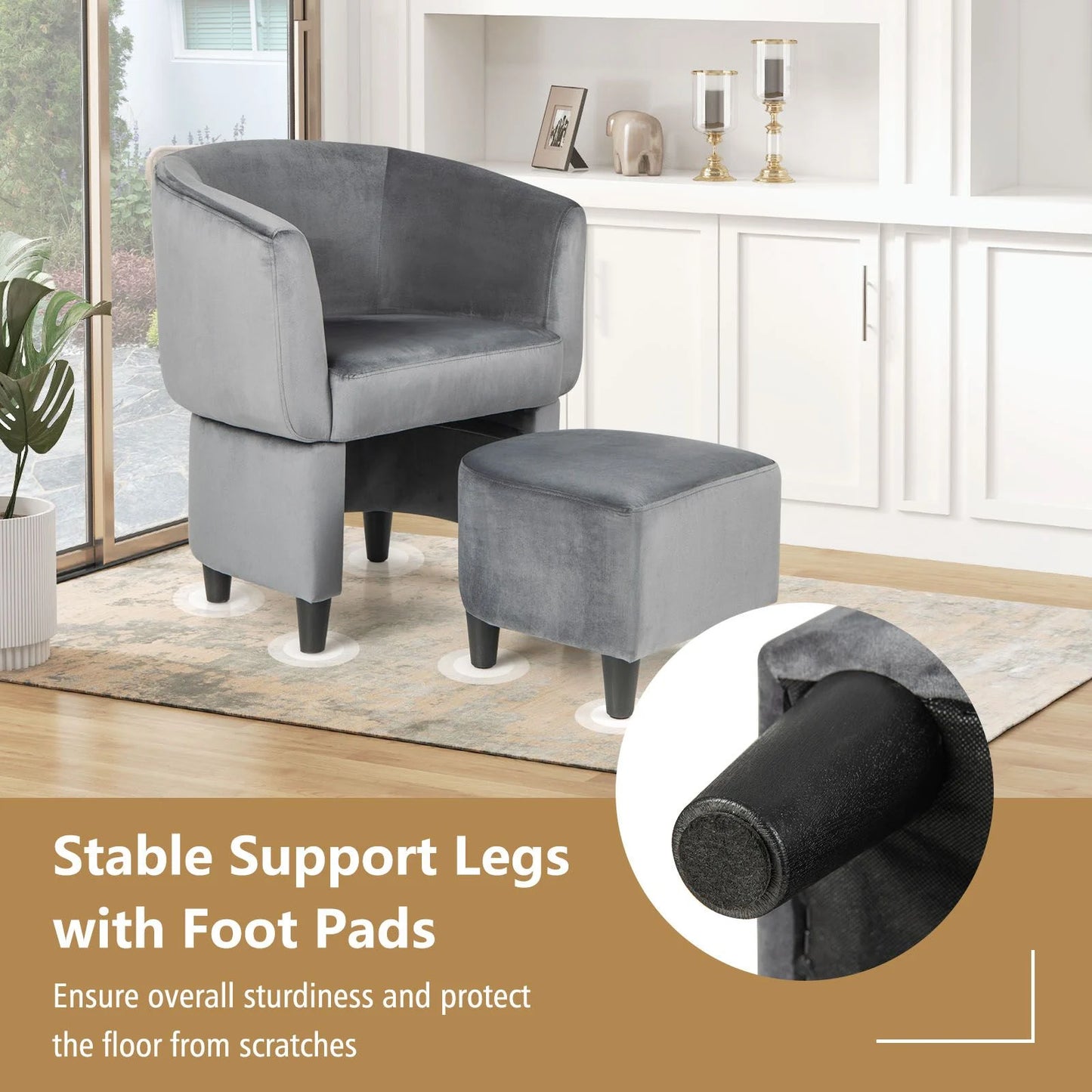 Upholstered Velvet Barrel Chair Modern Club Chair with Ottoman