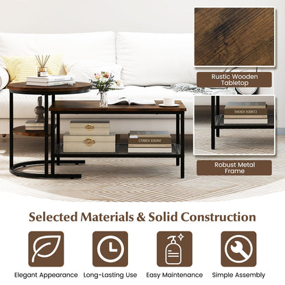 Set of 2 Nesting Coffee Table with Extra Storage Shelf