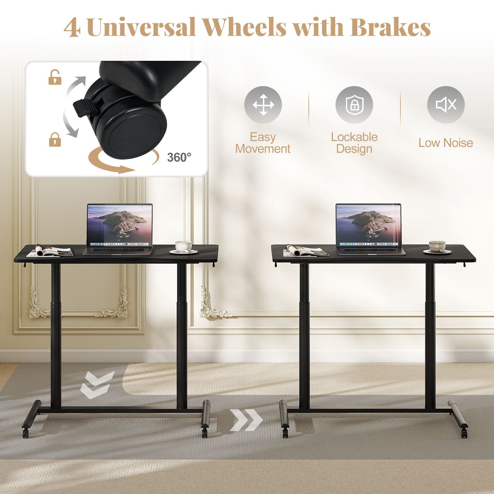 C-Shaped Mobile Standing Desk with Adjustable Height and Lockable Wheels