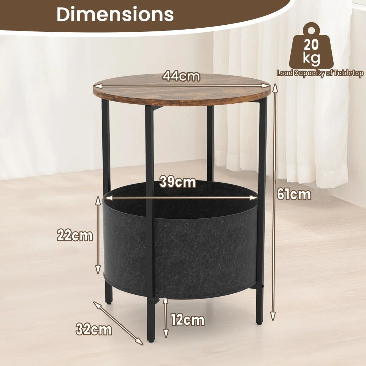 Round End Table for Small Space with Removable Fabric Basket and Metal Frame
