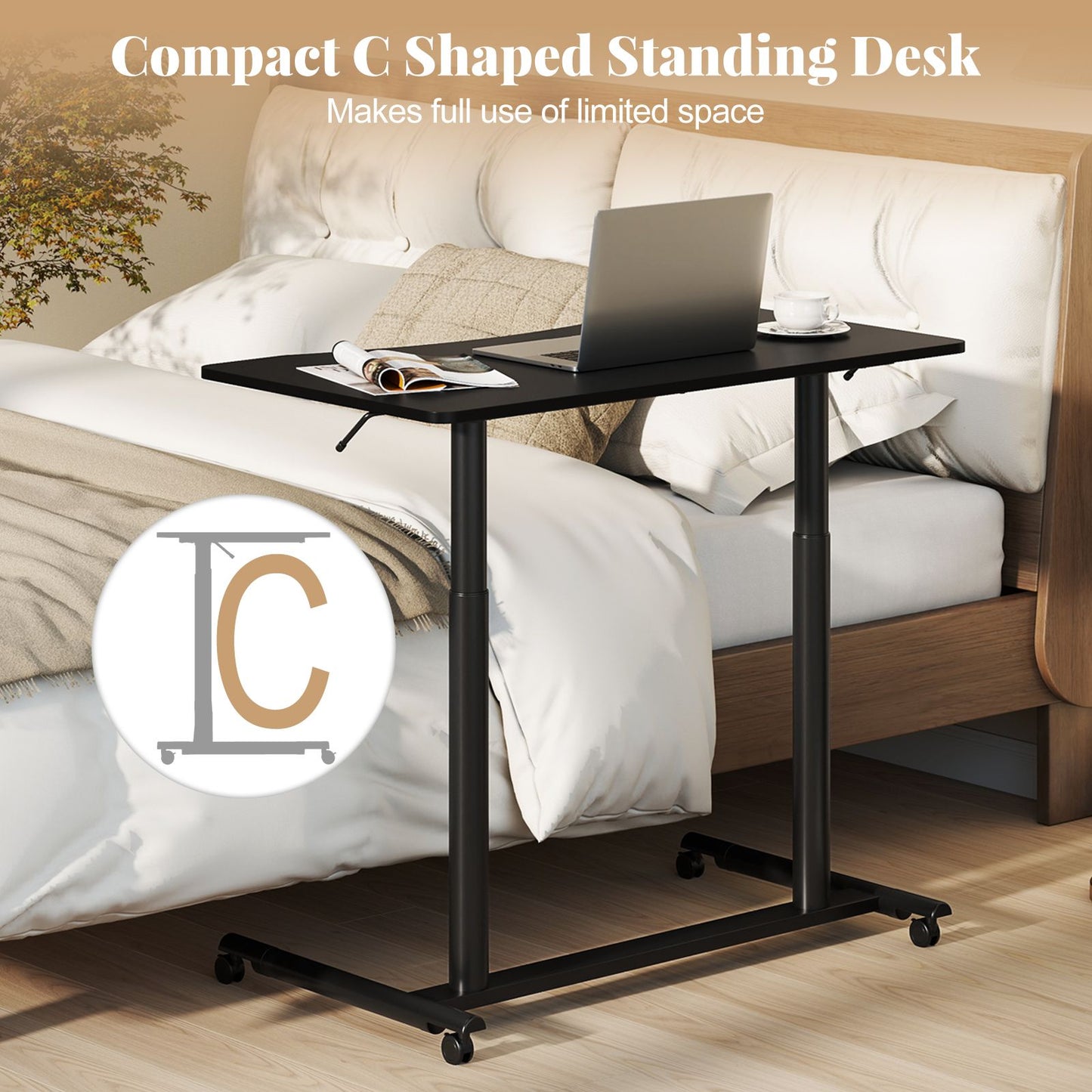 C-Shaped Mobile Standing Desk with Adjustable Height and Lockable Wheels