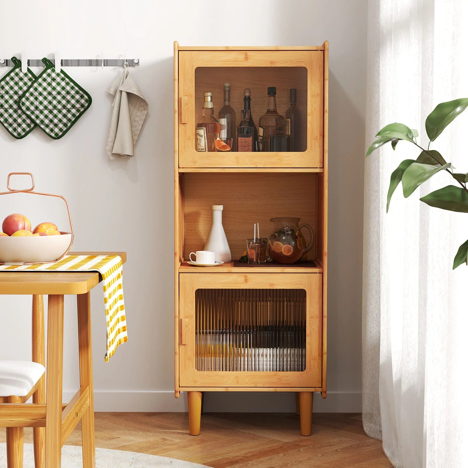 3-Cube Bamboo Cabinet with Open Compartment and 2 Acrylic Doors