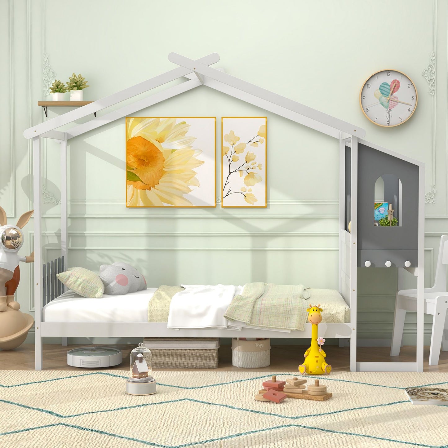 Single/Double House Bed Wood Montessori Bed Frame with Desk