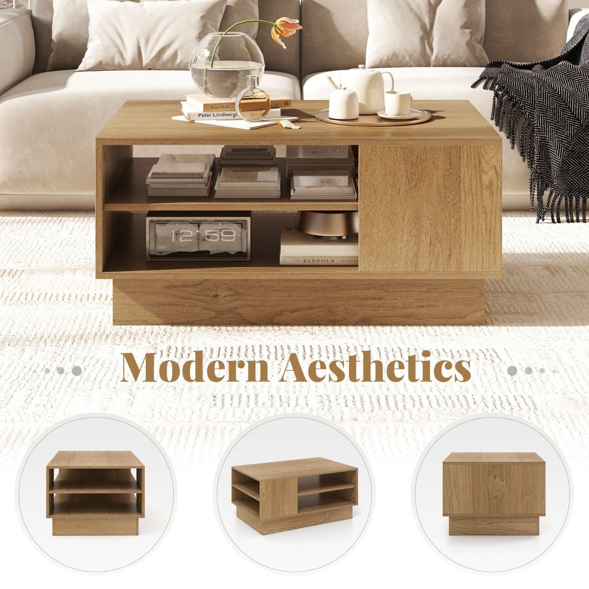 Modern Rectangle Coffee Table with 2-Tier Open Storage Shelves