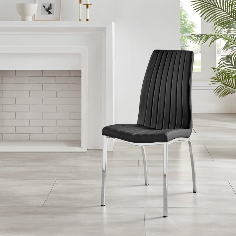 Faux Leather Modern Tall Back Dining Chairs with Chrome Metal Legs & Vertical Stitching