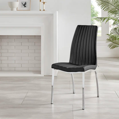 Faux Leather Modern Tall Back Dining Chairs with Chrome Metal Legs & Vertical Stitching