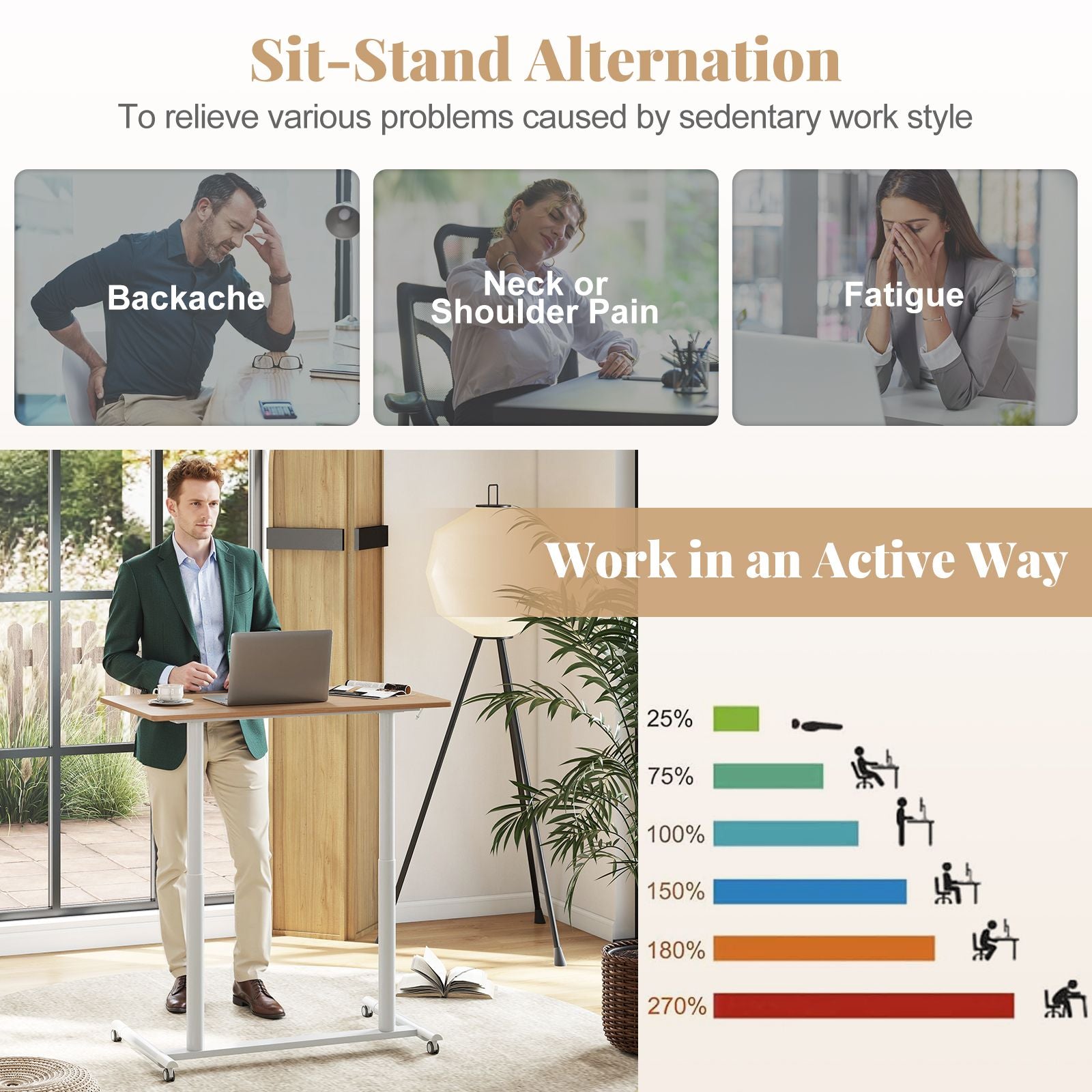 C-Shaped Mobile Standing Desk with Adjustable Height and Lockable Wheels