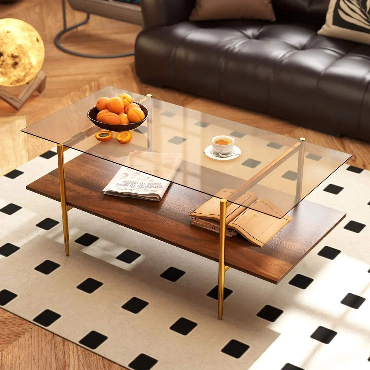 2-Tier Glass Coffee Table with Tampered Glass Tabletop & Open Storage Shelf