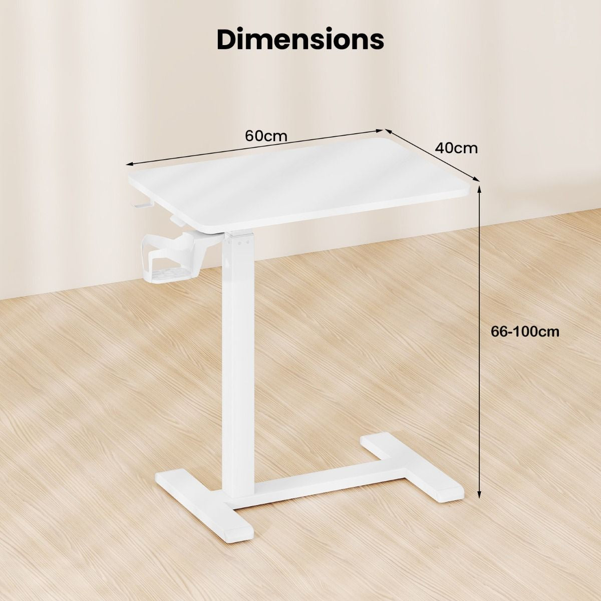 Height Adjustable Overbed Bedside Table with Cup Holder and Headphone Hook