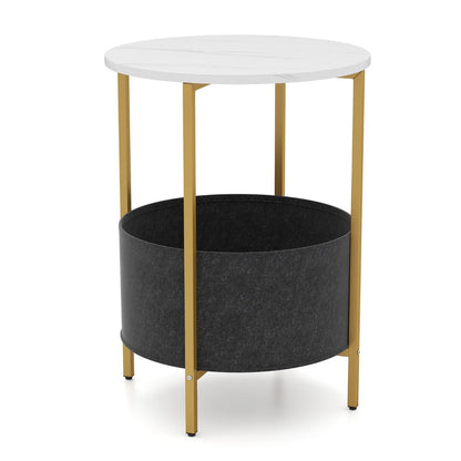 Round End Table for Small Space with Removable Fabric Basket and Metal Frame