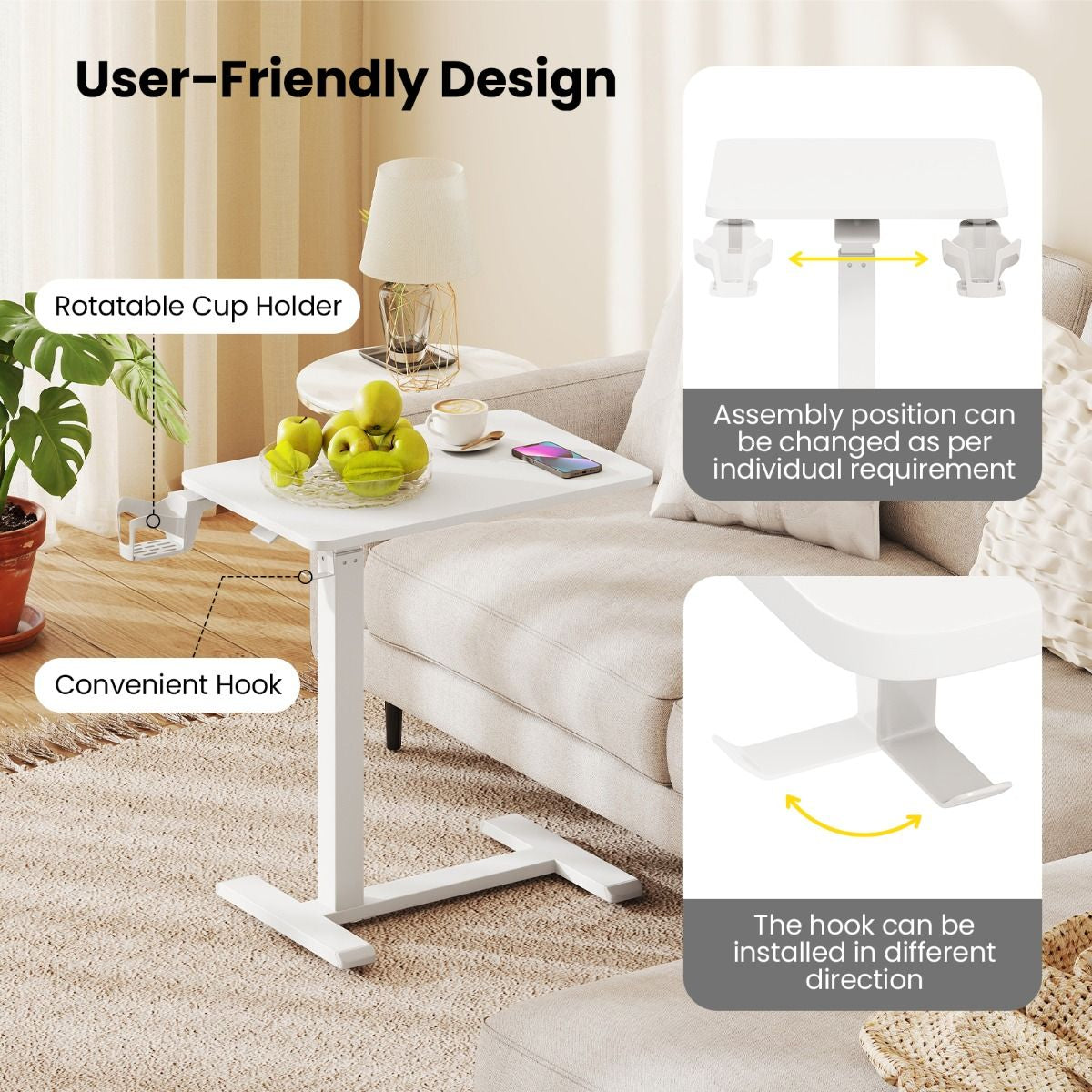Height Adjustable Overbed Bedside Table with Cup Holder and Headphone Hook