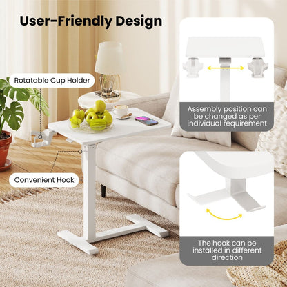 Height Adjustable Overbed Bedside Table with Cup Holder and Headphone Hook