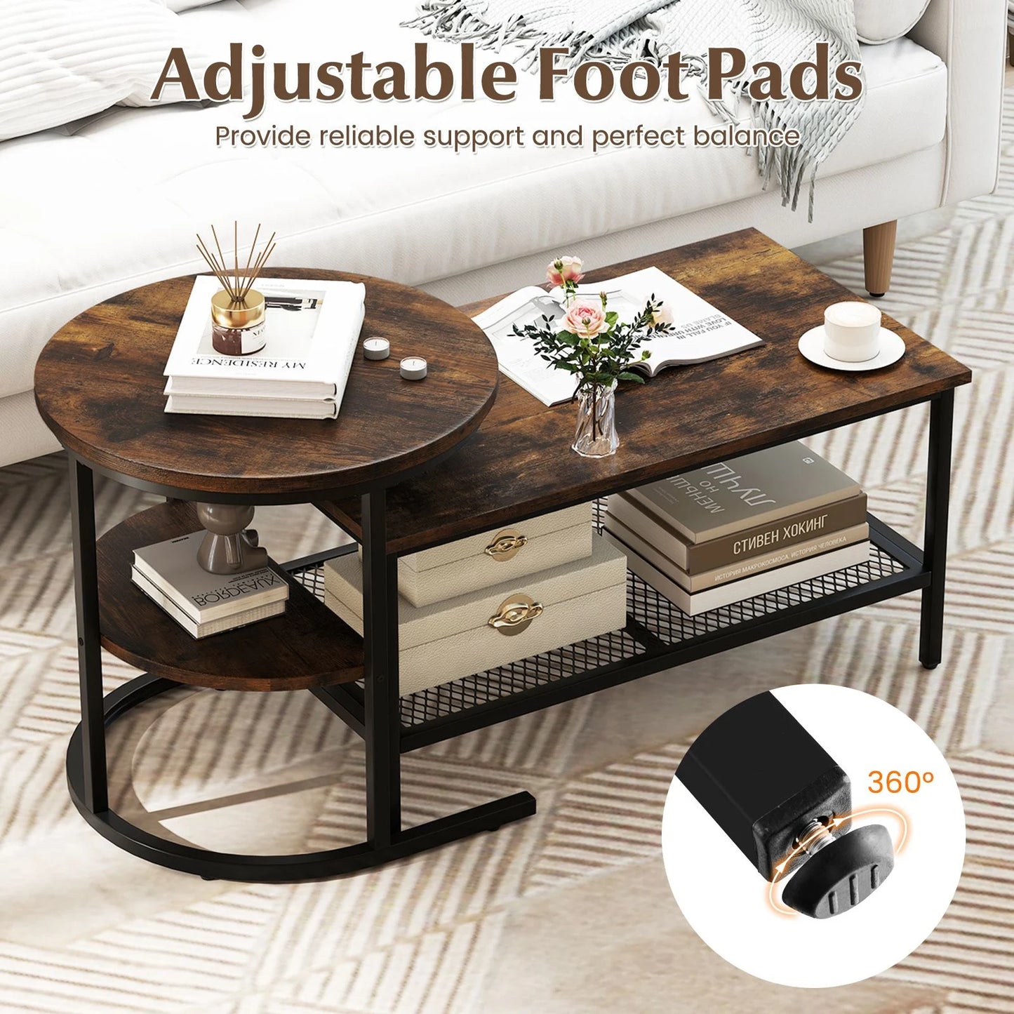 Set of 2 Nesting Coffee Table with Extra Storage Shelf