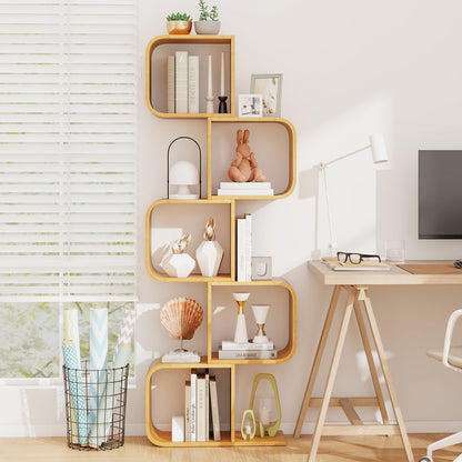 2/3/4/5-Tier S-Shaped Bookcase Bamboo Bookshelf with Open Cubes
