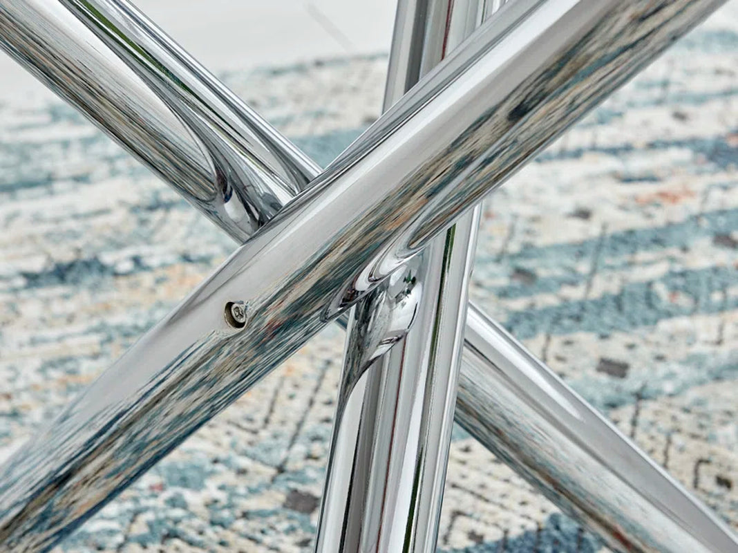 Seline Modern round Dining Table Set in Glass and Chrome with 2 Luxury Faux Leather Dining Chairs