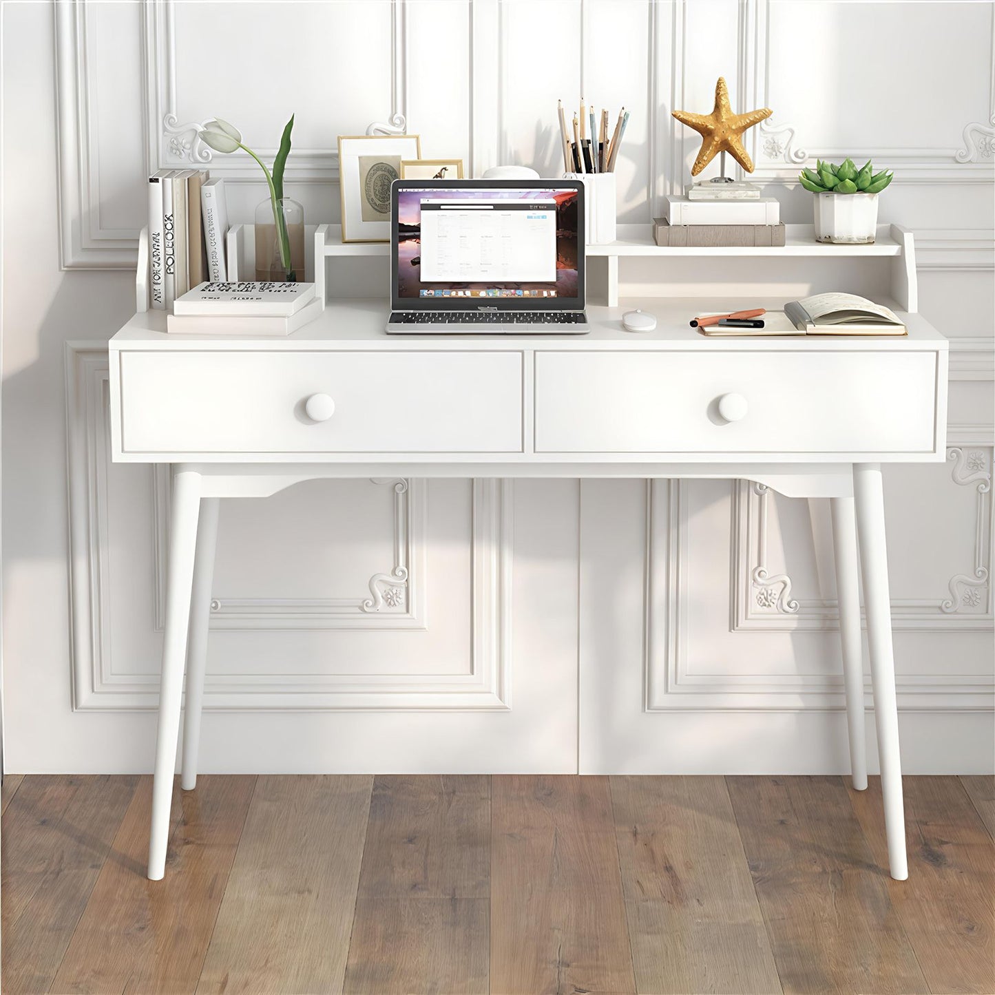 120 CM Writing Desk with Hutch and Drawers for Bedroom