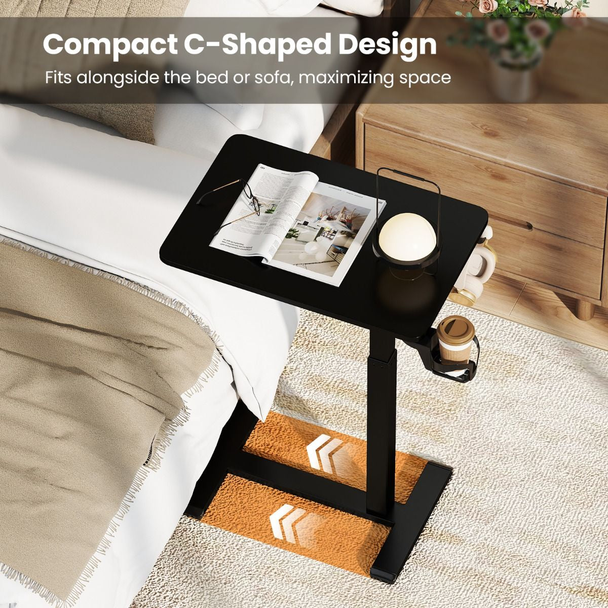 Height Adjustable Overbed Bedside Table with Cup Holder and Headphone Hook
