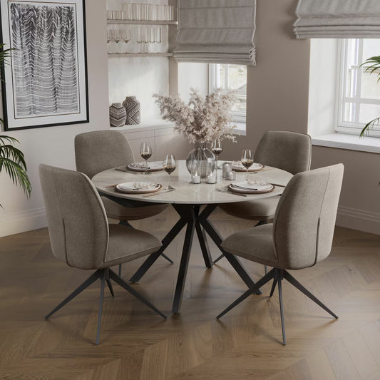 Cavella round Ceramic Extending Dining Table + 4 Beige Chairs
