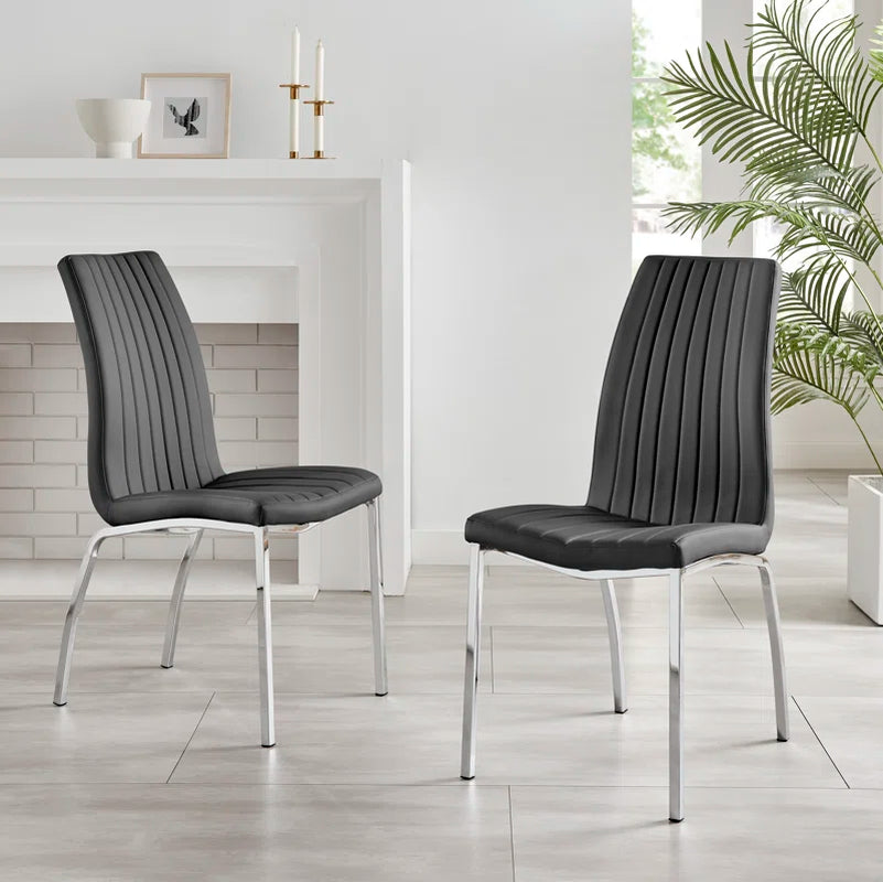 Faux Leather Modern Tall Back Dining Chairs with Chrome Metal Legs & Vertical Stitching