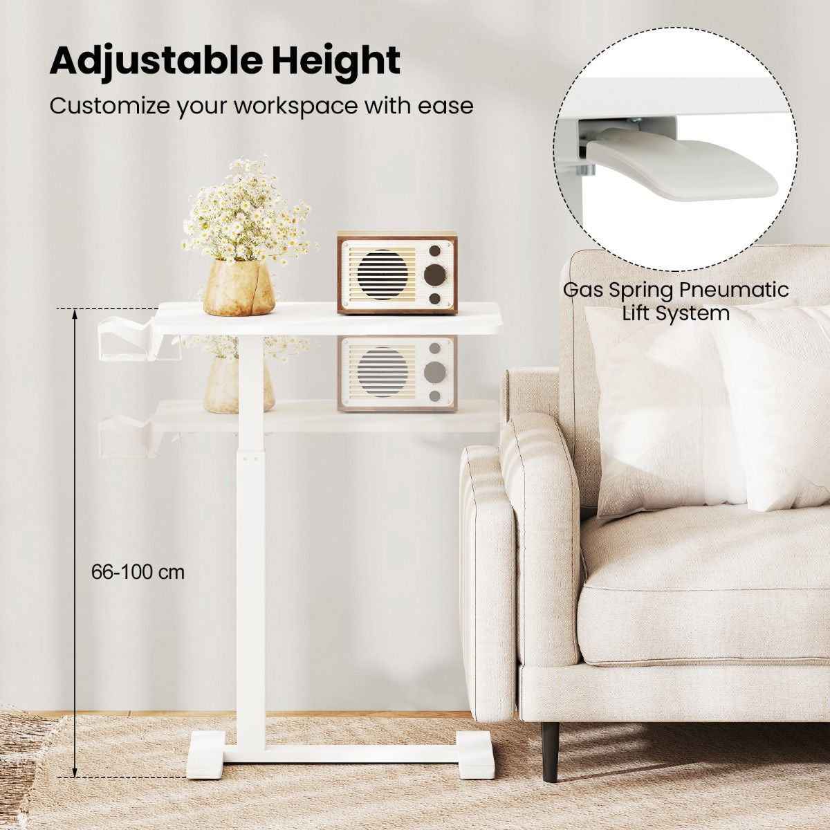 Height Adjustable Overbed Bedside Table with Cup Holder and Headphone Hook