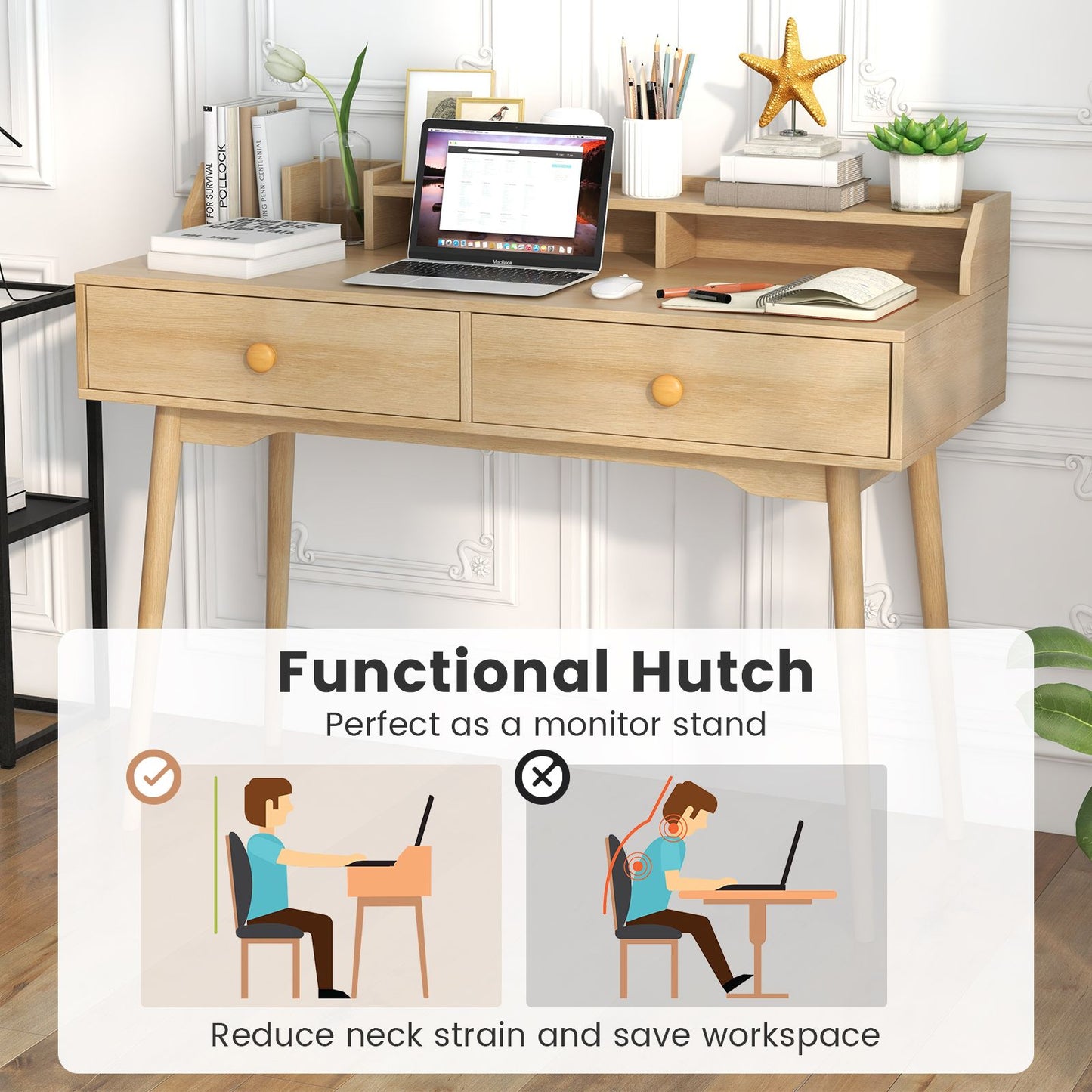 120 CM Writing Desk with Hutch and Drawers for Bedroom