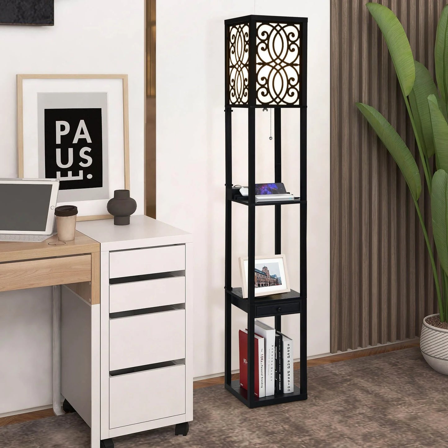 3-Layers Free-Standing Light with 2 USB Charging Ports and Storage Drawer