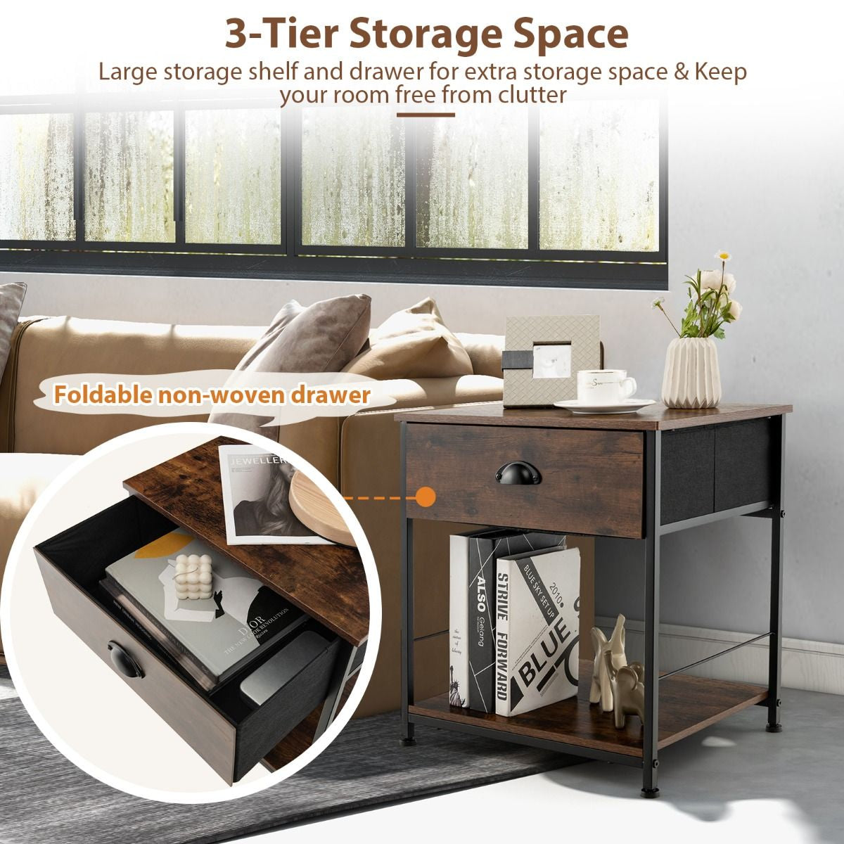 2-Tier Nightstand Bedside End Sofa Coffee Table for Bedroom Living Room