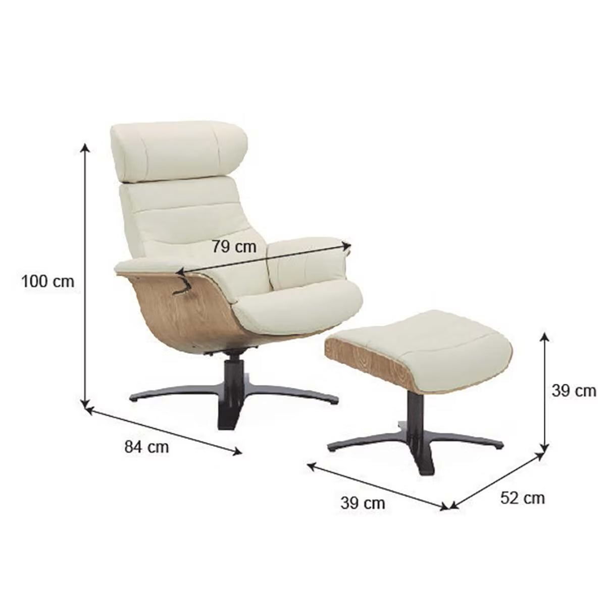 Karma Cream Top Grain Leather Swivel Chair with Ottoman
