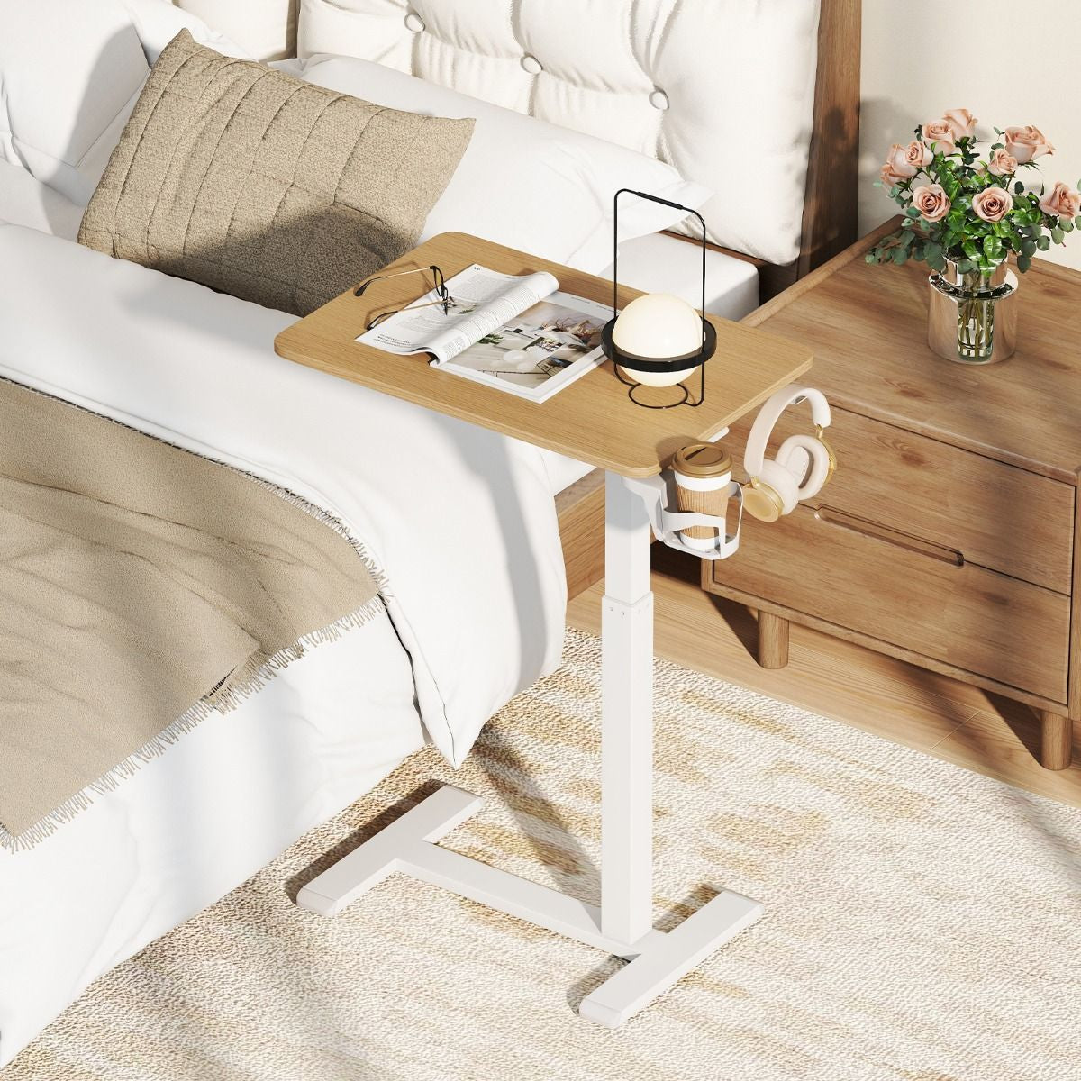 Height Adjustable Overbed Bedside Table with Cup Holder and Headphone Hook