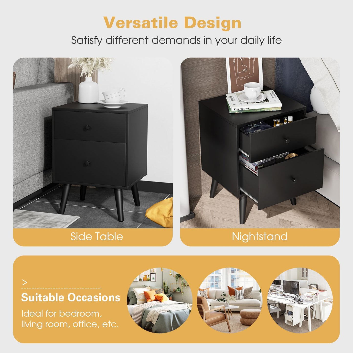 2-Drawer Nightstand with Solid Rubber Wood Legs and Large Storage Space