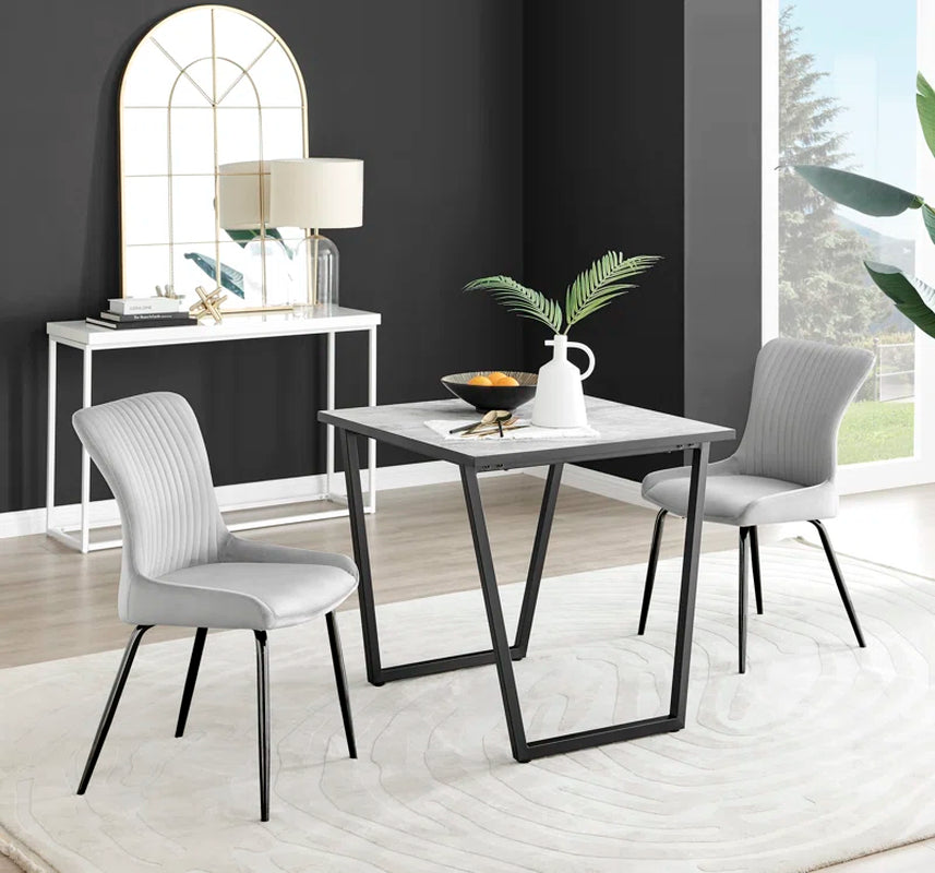 Industrial Design White & Grey Marble Effect Melamine Dining Table and 2 Velvet Dining Chairs