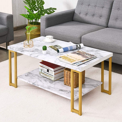 2-Tier Marble Print Coffee Table with MDF Top and Gold Print Metal Frame