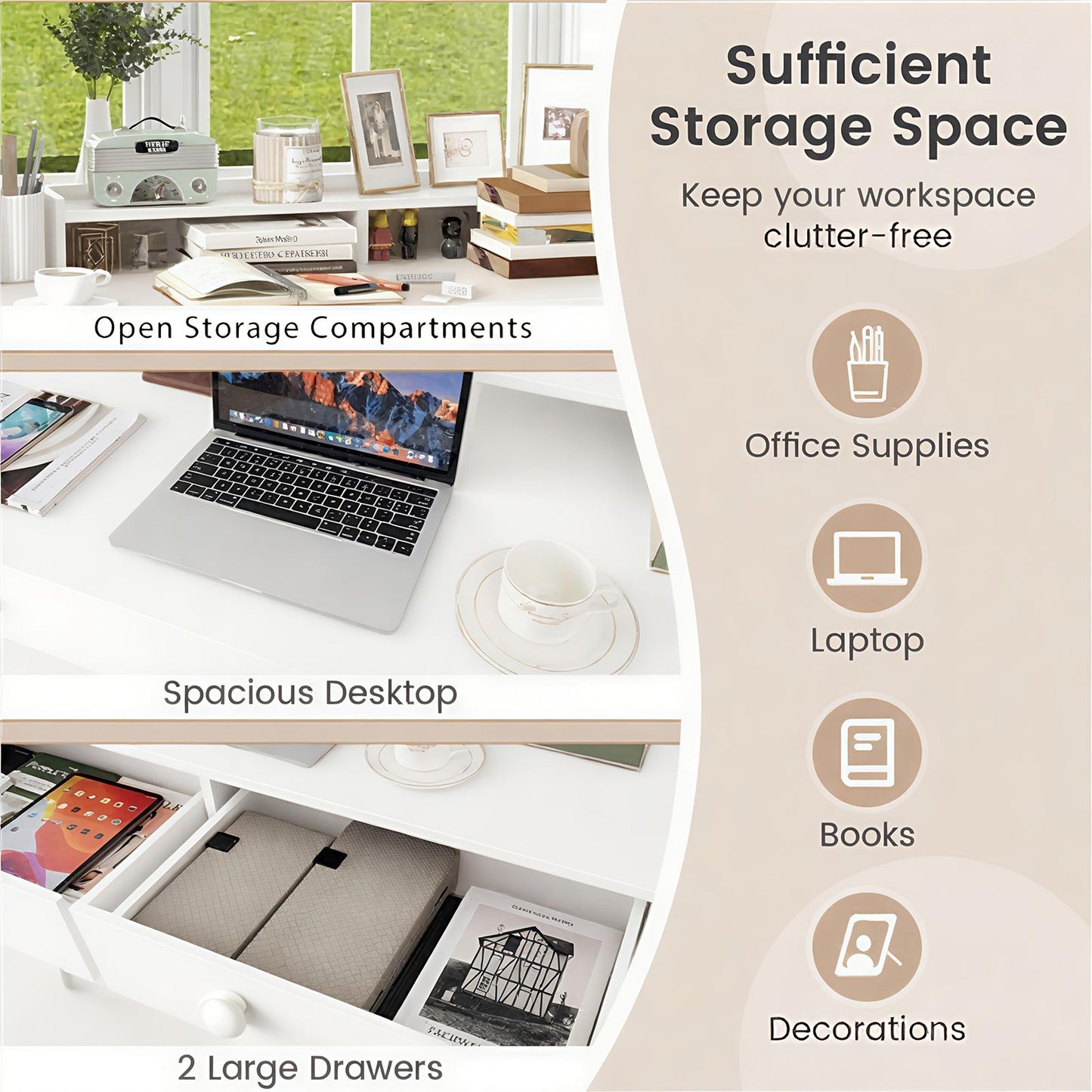 120 CM Writing Desk with Hutch and Drawers for Bedroom