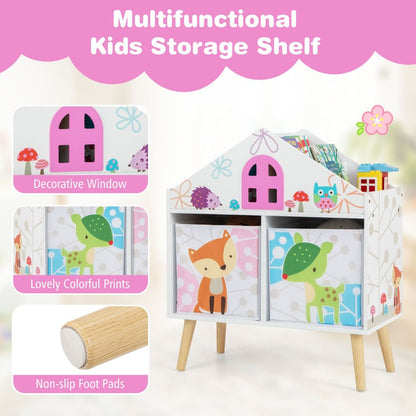 Kids House-Shaped Bookshelf with 2 Storage Bins and Elevated Solid Wood Legs