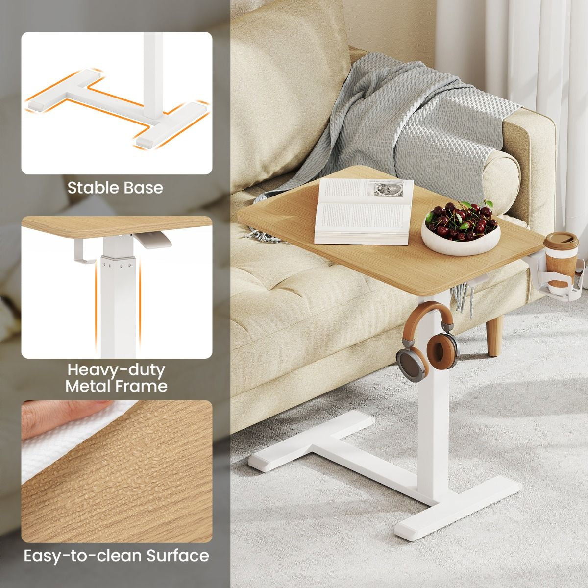 Height Adjustable Overbed Bedside Table with Cup Holder and Headphone Hook