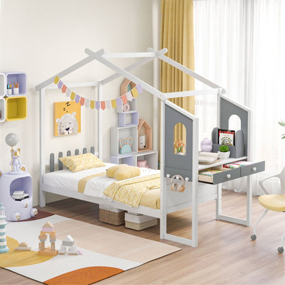 Single/Double House Bed Wood Montessori Bed Frame with Desk
