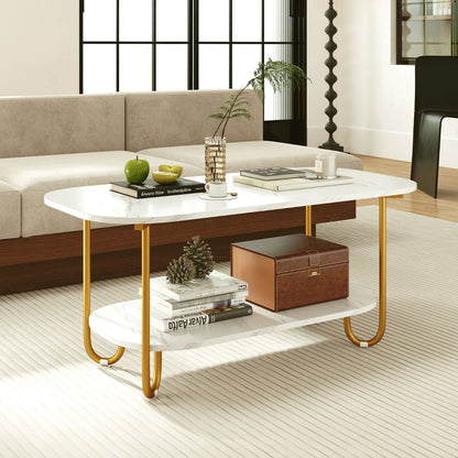 Faux Marble Top Coffee Table with Heavy-Duty Metal Frame