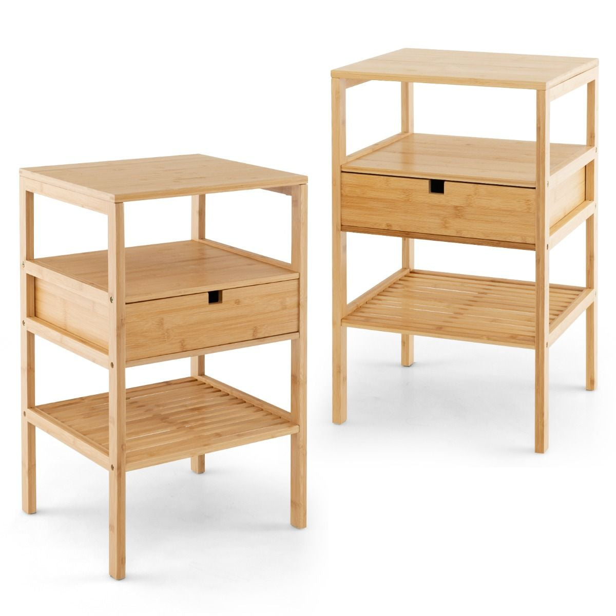 Set of 2 Multipurpose Bamboo Nightstand with Storage Drawer and Slatted Shelf